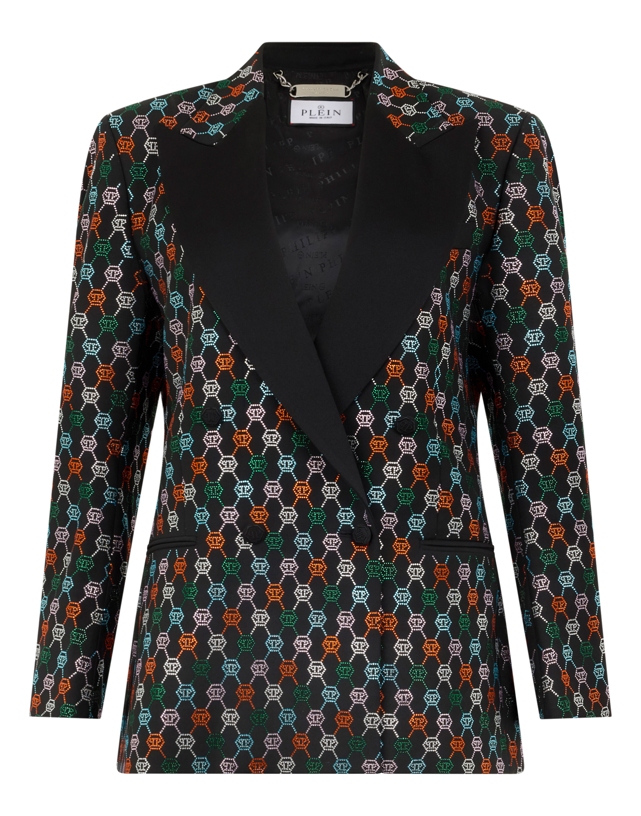 Dubbelbröstad marinpassad blazer med monogram och strass