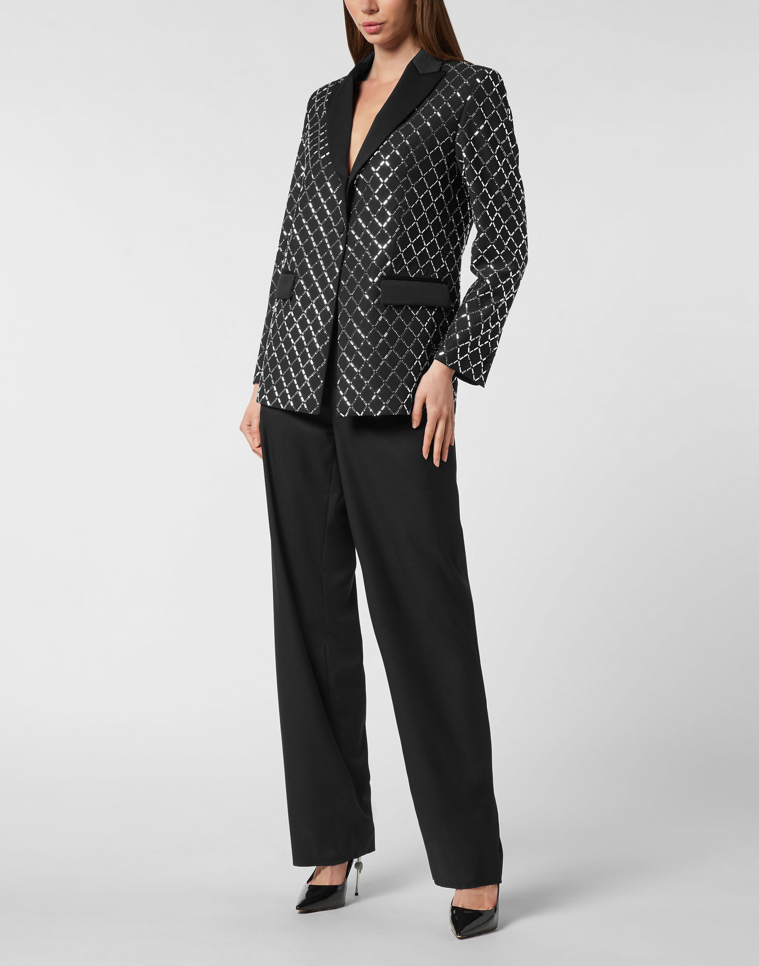 Wol och satin mannsklickad blazer kristallromb